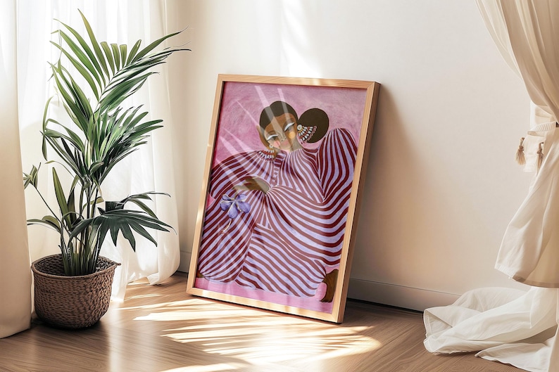 Digital poster of a stylized girl in pink and violet striped clothing, depicted in a surrealist and abstract style. The illustration is vibrant and fashion-inspired, with a dreamy, dopamine color palette and a modern feminine vibe. Perfect for eclectic, artistic interiors