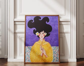 Dromerig meisje kunstafdruk | Gele en violette vrouwelijke poster (digitale download)