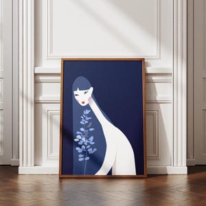 Modern blue feminine print abstract people art contemporary vibrant female art poster printable wall art asian woman downloadable art