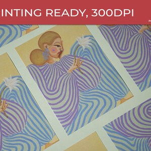 Modern abstract portrait of a woman in a flowing lavender and mint striped dress, holding a white flower. Set against a pastel yellow and blue background, this digital art print features fashion-inspired, feminine energy with bold lines and soft colors. Horizontal layout, perfect for contemporary, editorial-style, and artistic interior decor