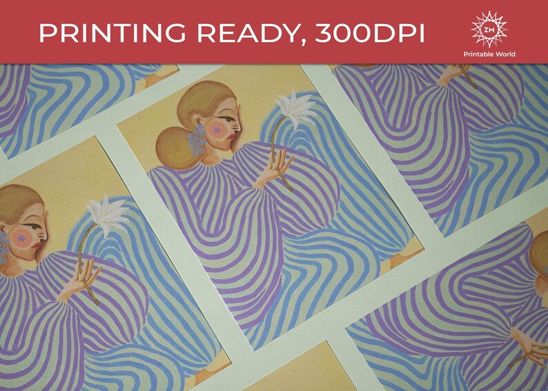 Modern abstract portrait of a woman in a flowing lavender and mint striped dress, holding a white flower. Set against a pastel yellow and blue background, this digital art print features fashion-inspired, feminine energy with bold lines and soft colors. Horizontal layout, perfect for contemporary, editorial-style, and artistic interior decor