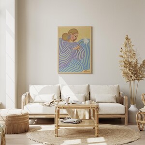 Modern abstract portrait of a woman in a flowing lavender and mint striped dress, holding a white flower. Set against a pastel yellow and blue background, this digital art print features fashion-inspired, feminine energy with bold lines and soft colors. Horizontal layout, perfect for contemporary, editorial-style, and artistic interior decor