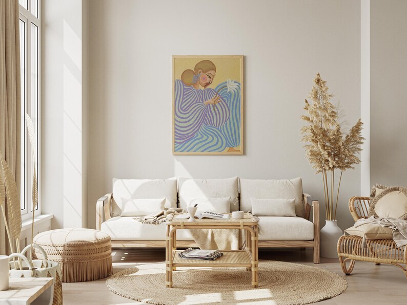 Modern abstract portrait of a woman in a flowing lavender and mint striped dress, holding a white flower. Set against a pastel yellow and blue background, this digital art print features fashion-inspired, feminine energy with bold lines and soft colors. Horizontal layout, perfect for contemporary, editorial-style, and artistic interior decor