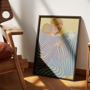 Modern abstract portrait of a woman in a flowing lavender and mint striped dress, holding a white flower. Set against a pastel yellow and blue background, this digital art print features fashion-inspired, feminine energy with bold lines and soft colors. Horizontal layout, perfect for contemporary, editorial-style, and artistic interior decor