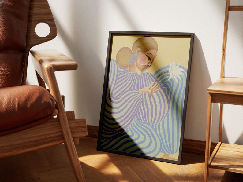 Modern abstract portrait of a woman in a flowing lavender and mint striped dress, holding a white flower. Set against a pastel yellow and blue background, this digital art print features fashion-inspired, feminine energy with bold lines and soft colors. Horizontal layout, perfect for contemporary, editorial-style, and artistic interior decor