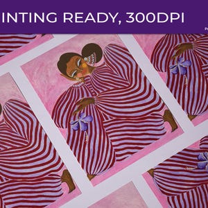 Digital poster of a stylized girl in pink and violet striped clothing, depicted in a surrealist and abstract style. The illustration is vibrant and fashion-inspired, with a dreamy, dopamine color palette and a modern feminine vibe. Perfect for eclectic, artistic interiors