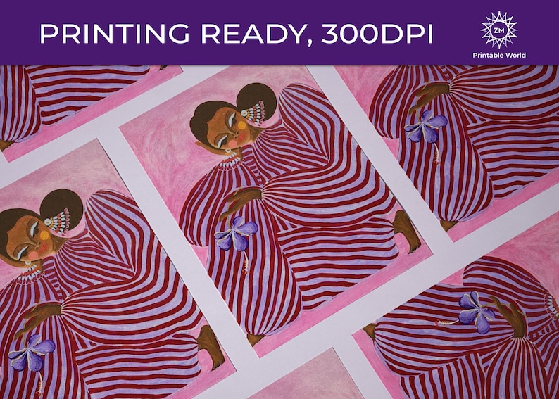 Digital poster of a stylized girl in pink and violet striped clothing, depicted in a surrealist and abstract style. The illustration is vibrant and fashion-inspired, with a dreamy, dopamine color palette and a modern feminine vibe. Perfect for eclectic, artistic interiors