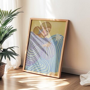 Modern abstract portrait of a woman in a flowing lavender and mint striped dress, holding a white flower. Set against a pastel yellow and blue background, this digital art print features fashion-inspired, feminine energy with bold lines and soft colors. Horizontal layout, perfect for contemporary, editorial-style, and artistic interior decor
