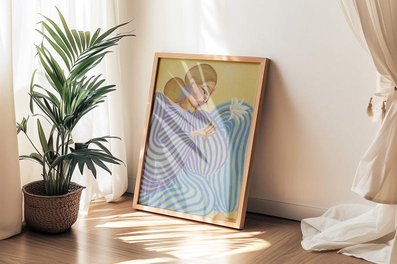 Modern abstract portrait of a woman in a flowing lavender and mint striped dress, holding a white flower. Set against a pastel yellow and blue background, this digital art print features fashion-inspired, feminine energy with bold lines and soft colors. Horizontal layout, perfect for contemporary, editorial-style, and artistic interior decor