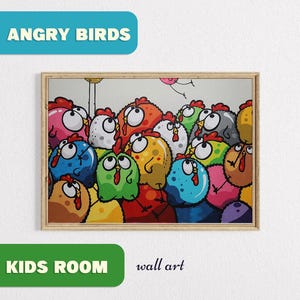 Póster de dibujos animados coloridos de Angry Birds para habitación infantil, decoración de pared imprimible divertida, póster de doodle con ilustración de descarga digital para sala de juegos