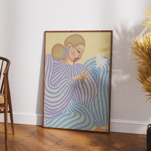 Modern abstract portrait of a woman in a flowing lavender and mint striped dress, holding a white flower. Set against a pastel yellow and blue background, this digital art print features fashion-inspired, feminine energy with bold lines and soft colors. Horizontal layout, perfect for contemporary, editorial-style, and artistic interior decor