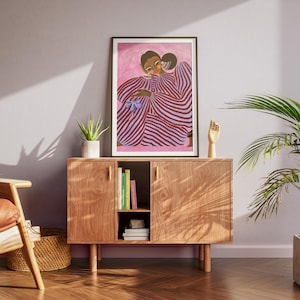 Digital poster of a stylized girl in pink and violet striped clothing, depicted in a surrealist and abstract style. The illustration is vibrant and fashion-inspired, with a dreamy, dopamine color palette and a modern feminine vibe. Perfect for eclectic, artistic interiors