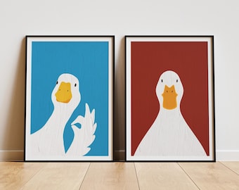 Funny Retro Goose Print | Blue & Red Bathroom Art (Digital Download)
