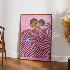 Digital poster of a stylized girl in pink and violet striped clothing, depicted in a surrealist and abstract style. The illustration is vibrant and fashion-inspired, with a dreamy, dopamine color palette and a modern feminine vibe. Perfect for eclectic, artistic interiors