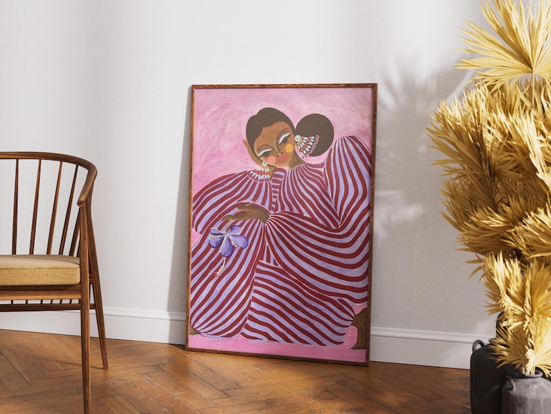 Digital poster of a stylized girl in pink and violet striped clothing, depicted in a surrealist and abstract style. The illustration is vibrant and fashion-inspired, with a dreamy, dopamine color palette and a modern feminine vibe. Perfect for eclectic, artistic interiors