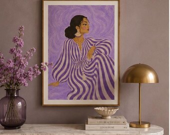 Lámina decorativa de mujer morada, póster con ilustración de moda maximalista violeta, decoración femenina lavanda, obra de arte abstracta de chica bohemia, decoración de habitaciones