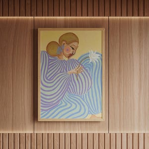 Modern abstract portrait of a woman in a flowing lavender and mint striped dress, holding a white flower. Set against a pastel yellow and blue background, this digital art print features fashion-inspired, feminine energy with bold lines and soft colors. Horizontal layout, perfect for contemporary, editorial-style, and artistic interior decor