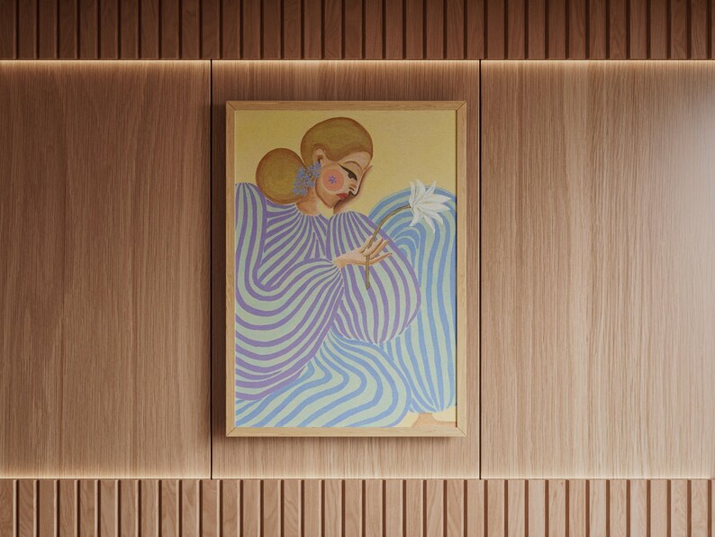 Modern abstract portrait of a woman in a flowing lavender and mint striped dress, holding a white flower. Set against a pastel yellow and blue background, this digital art print features fashion-inspired, feminine energy with bold lines and soft colors. Horizontal layout, perfect for contemporary, editorial-style, and artistic interior decor