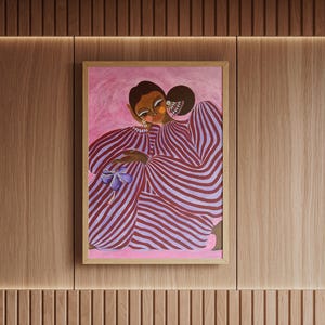Digital poster of a stylized girl in pink and violet striped clothing, depicted in a surrealist and abstract style. The illustration is vibrant and fashion-inspired, with a dreamy, dopamine color palette and a modern feminine vibe. Perfect for eclectic, artistic interiors