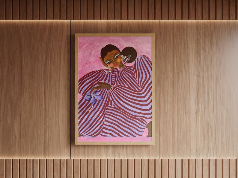 Digital poster of a stylized girl in pink and violet striped clothing, depicted in a surrealist and abstract style. The illustration is vibrant and fashion-inspired, with a dreamy, dopamine color palette and a modern feminine vibe. Perfect for eclectic, artistic interiors