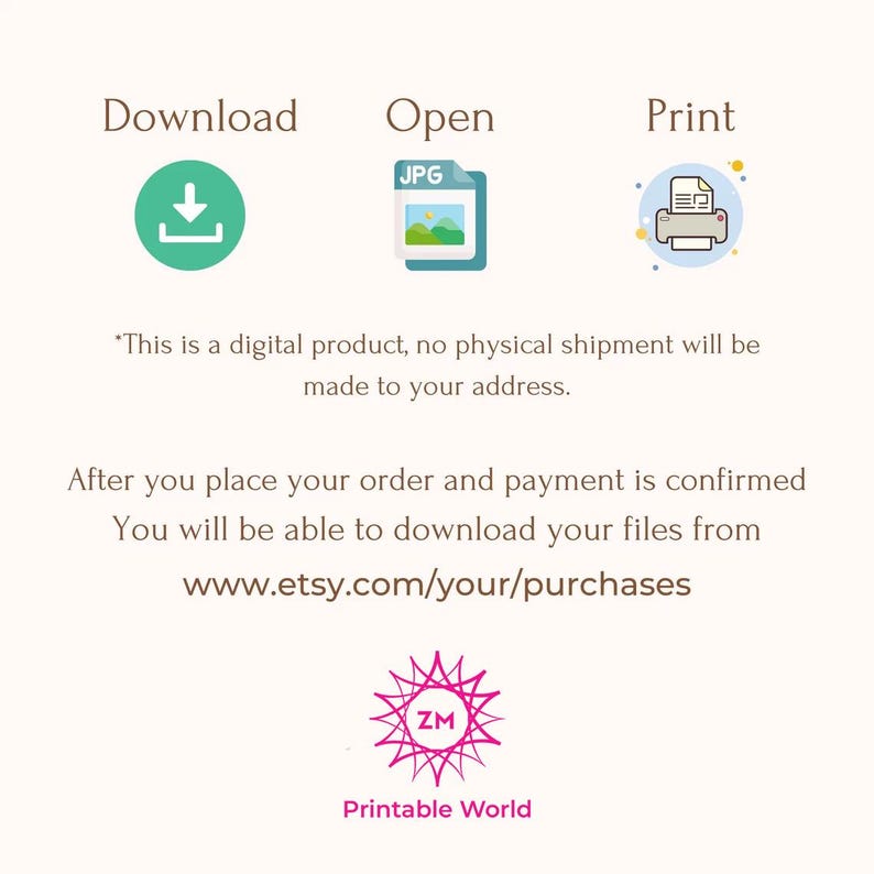 Puede incluir: Imagen promocionando descargas digitales, con iconos para descargar, abrir e imprimir. El texto dice: "Este es un producto digital, no se realizar&aacute; ning&uacute;n env&iacute;o f&iacute;sico a su direcci&oacute;n." y "Despu&eacute;s de realizar su pedido..."