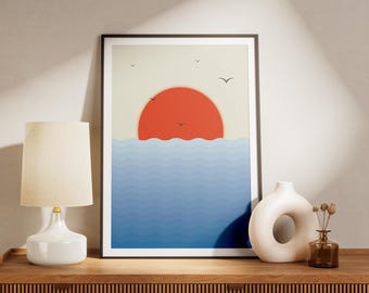Boho Sun Sea Print | Japandi Minimalist Wall Art (Digital Download)