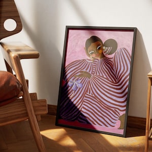 Digital poster of a stylized girl in pink and violet striped clothing, depicted in a surrealist and abstract style. The illustration is vibrant and fashion-inspired, with a dreamy, dopamine color palette and a modern feminine vibe. Perfect for eclectic, artistic interiors