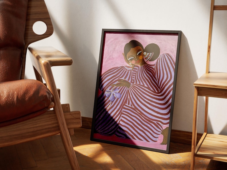 Digital poster of a stylized girl in pink and violet striped clothing, depicted in a surrealist and abstract style. The illustration is vibrant and fashion-inspired, with a dreamy, dopamine color palette and a modern feminine vibe. Perfect for eclectic, artistic interiors