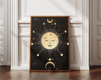 Celestial Sun & Moon Art Print, Vintage Gold Starry Decor (Digital Download)