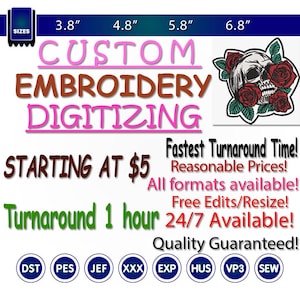 Servicio de digitalización de bordados personalizados / Archivos DST PES EXP (entrega en el mismo día)