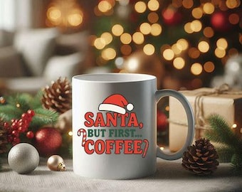 クリスマスコーヒーマグ、「サンタさん、でもまずはコーヒー」11オンスホリデーカップ