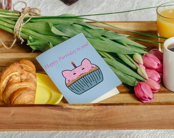 Hand-drawn Kitten Cupcake Birthday Card, Personalized Cat Greeting (Digital Download). Available in 5 languages