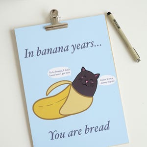 May include: A light blue rectangular card held by a silver metal clip, featuring a black cat inside a yellow banana peel. The text reads: In banana years... To be honest, I don't know how I got here. Guess I am a skinny legend. You are bread.