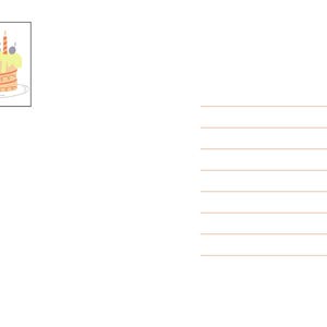 May include: A white postcard featuring a rectangular illustration in the top left corner of a light brown cake with yellow frosting, three striped candles, and dark berries on top. The right side contains seven horizontal lines for writing.