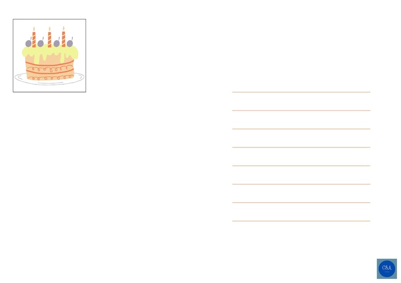 May include: A white postcard featuring a rectangular illustration in the top left corner of a light brown cake with yellow frosting, three striped candles, and dark berries on top. The right side contains seven horizontal lines for writing.