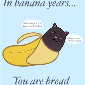 May include: A light blue graphic print featuring a black cat inside a yellow banana peel. The text reads: In banana years... To be honest, I don't know how I got here. Guess I am a skinny legend. You are bread. The illustration uses dark outlines.