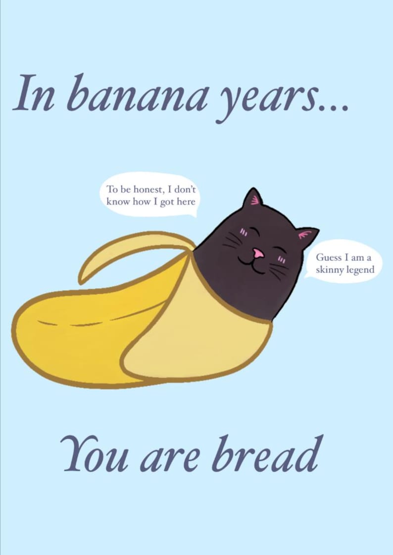 May include: A light blue graphic print featuring a black cat inside a yellow banana peel. The text reads: In banana years... To be honest, I don't know how I got here. Guess I am a skinny legend. You are bread. The illustration uses dark outlines.