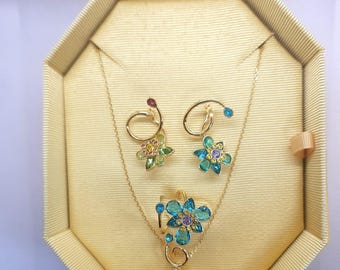 Crystal Flower Jewelry Set: Rhodium Plated Necklace, Earrings & Ring