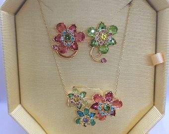 Crystal Flower Necklace and Earrings Set, Gold Tone Floral Jewelry