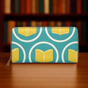 Bunte Reißverschluss-Brieftasche mit Buchmuster, elegante Geldbörse für Buchliebhaber, einzigartiges Geschenk für Leser, niedliche Reißverschluss-Brieftasche, stilvoller Organizer