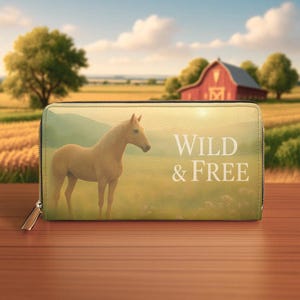 Cartera con cremallera de caballo salvaje y libre / Regalo para amantes de los caballos, amplio tarjetero, accesorio de viaje, cartera estilo bohemio, regalo de cumpleaños único