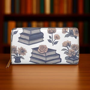 Carteira com zíper para amantes de livros florais, presente ideal para leitores, acessório para livraria, organizador chique, presente de aniversário, design literário