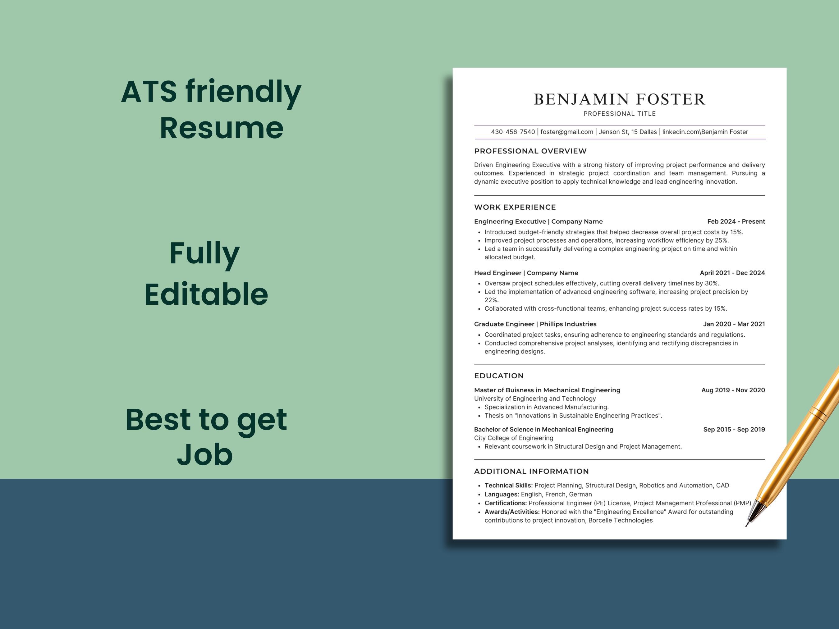 ATS Friendly Modern Resume Template Canva, Editable Professional CV ...