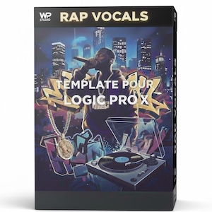 Peut inclure: Boîte de produit noire avec l'inscription "RAP VOCALS" et "TEMPLATE POUR LOGIC PRO X". L'illustration comprend un rappeur, un paysage urbain et une platine. Le design est coloré et dynamique.