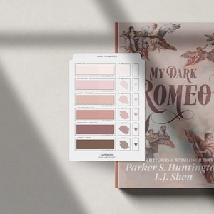 May include: A pink and brown color palette guide with the title "Mark My Words" and the text "Quotes, Important, Happy/Funny, Heartbreaking, Romantic/Shutty, WTFTI/Toxic" and "My Dark Romeo" by Parker S. Huntington and L.J. Shen.