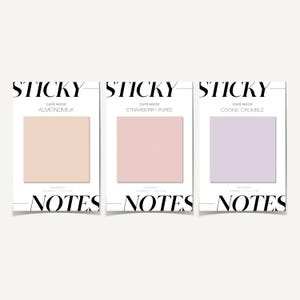 May include: Three square sticky note pads in soft pastel colors: almondmilk, strawberry purée, and cookie crumble. Each pad has the word "STICKY" at the top and "NOTES" at the bottom. The pads are 3 x 3 inches.