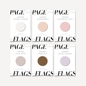 May include: Six rectangular cards with the word "PAGE" at the top and "FLAGS" at the bottom. Each card features a circular color swatch and text indicating a "CAFÉ MOOD" flavor: Crème + Sugar, Almondmilk, Strawberry Purée, Chai Latte, Hazelnut, and Cookie Crumble.
