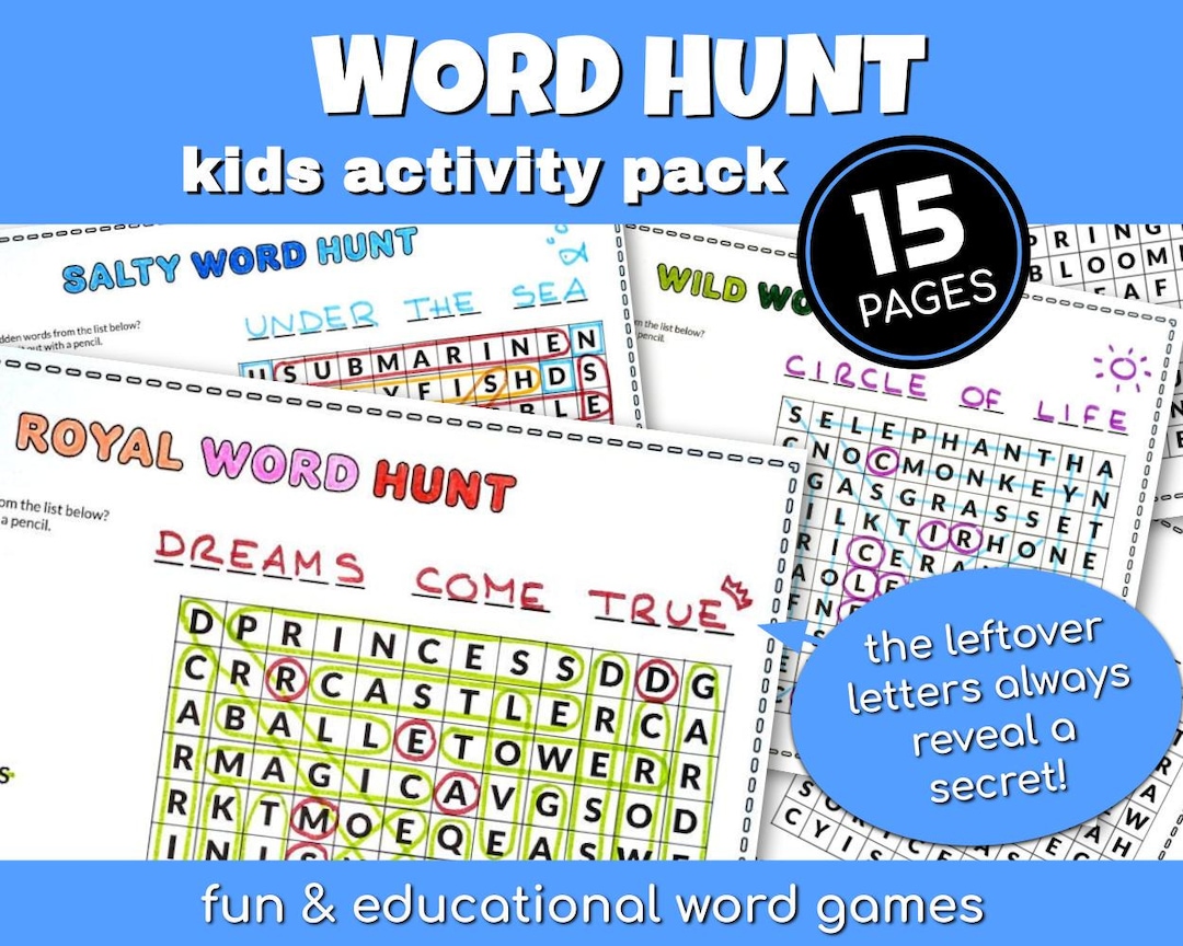 Kids Word Hunt Games PDF - Printable Activity Pack for Kids (15 Pages ...