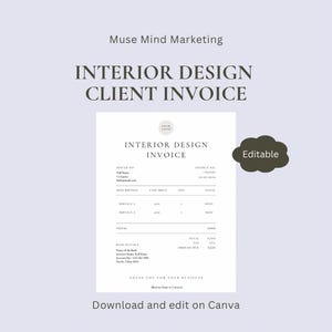 Puede incluir: Una plantilla de factura de diseño de interiores en blanco y negro con el texto "Interior Design Invoice" en la parte superior. La plantilla incluye secciones para información de facturación, descripción, precio unitario, cantidad, total y datos bancarios. El texto "Editable" está escrito en una nube blanca sobre un fondo verde oscuro.