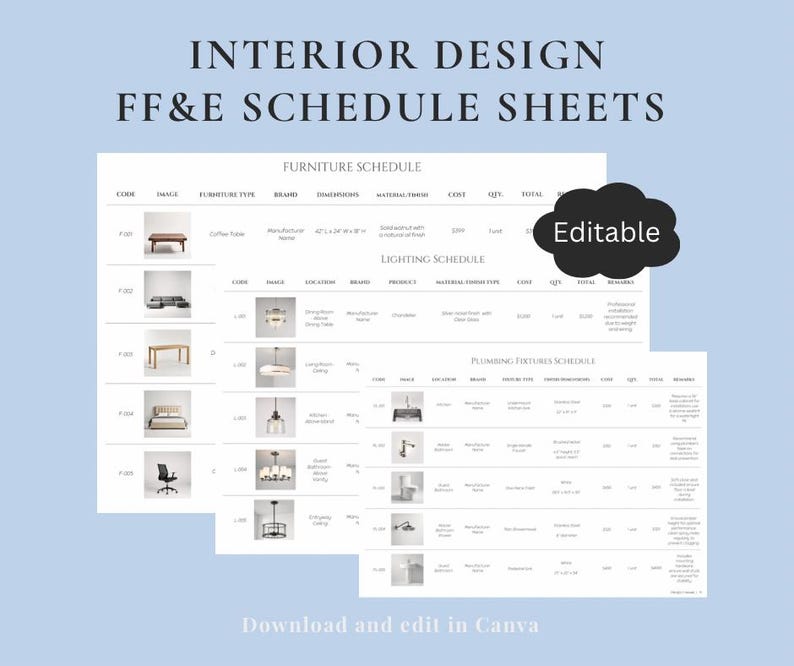 Interior Design FF&E Schedule Template: Canva Editable (digital ...